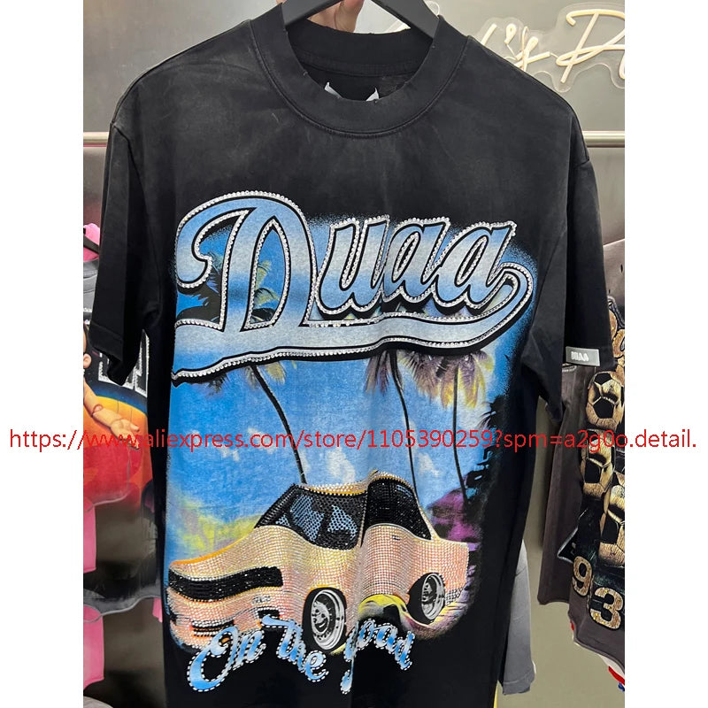 High Street Hip Hop DUAA Short Sleeved Oversize American Style Retro Washed Distressed Red Duaa T-shirt