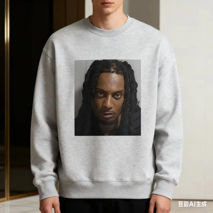 Rapper Playboi Carti Mugshot's illustrated sweatshirt, men's fashion retro hip-hop top, casual round-neck hoodie