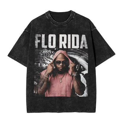 Flo Rida Hip Hop Rapper Outfit Washed T Shirt Men Women Streetwear Hip Hop T-Shirt Printed Tees Short Sleeve