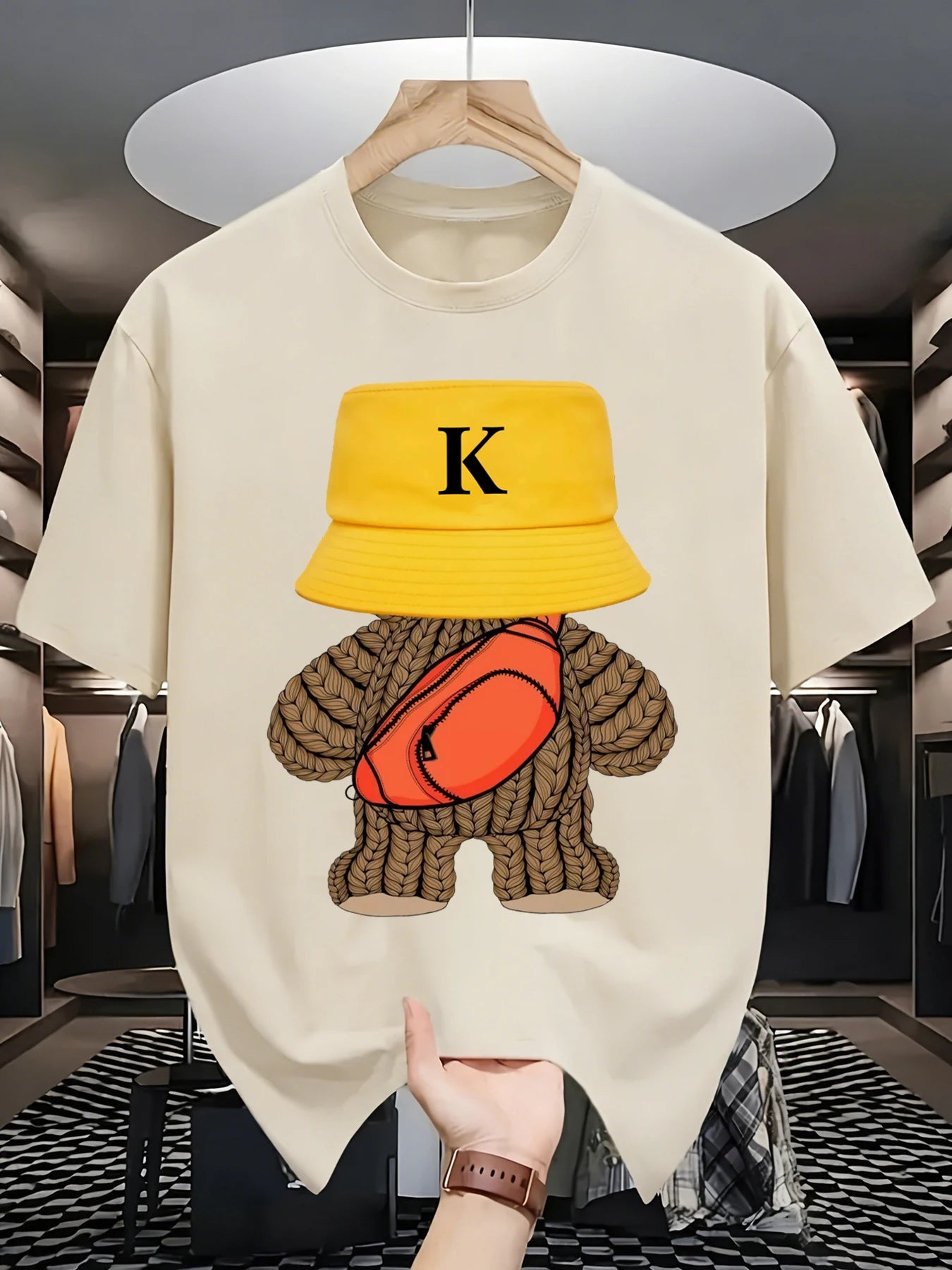 Hip-hop style sportswear, versatile bear-patterned sports T-shirt, round-neck breathable cotton casual wear