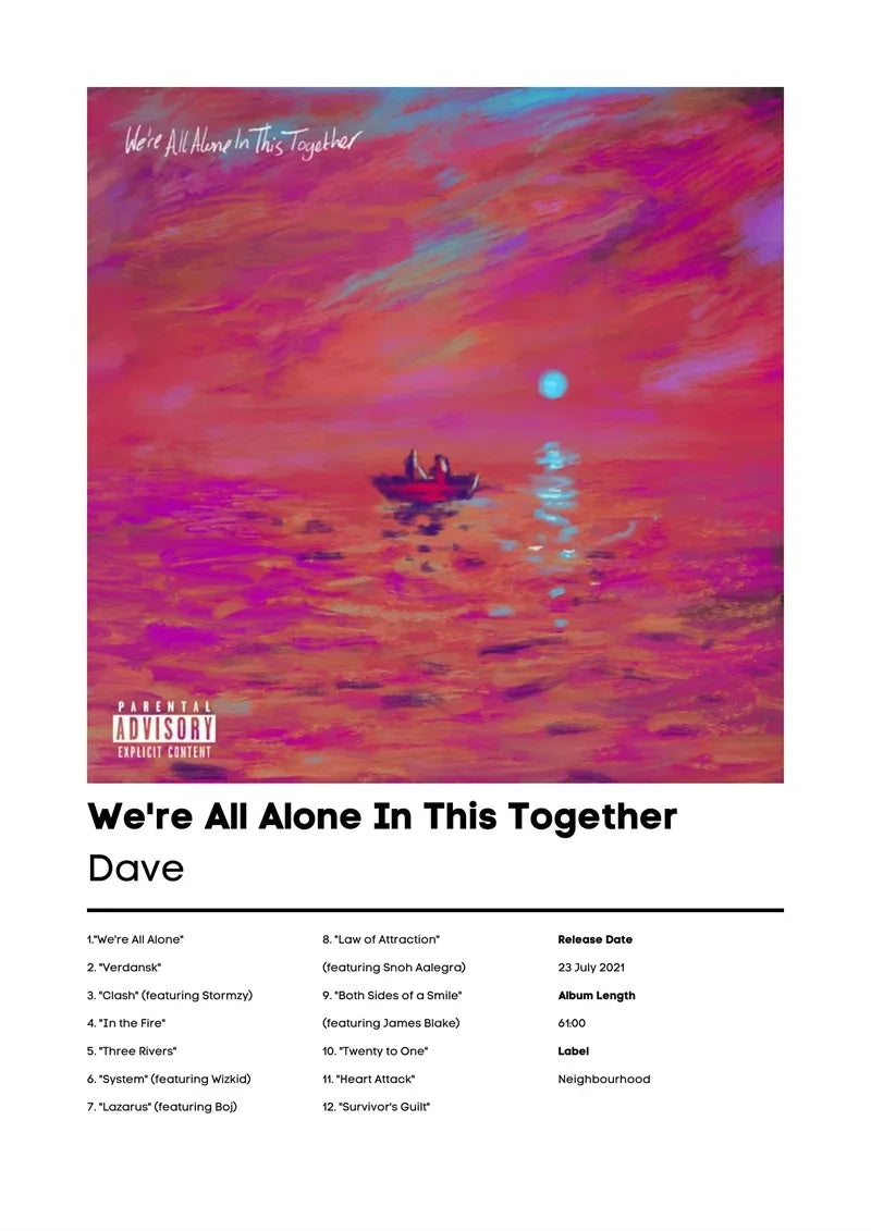 Pop Rapper Music Album Cover DAVE Poster Aesthetic Hip Hop Rock Were All Alone In This Together Canva Print Wall Art Room Decor