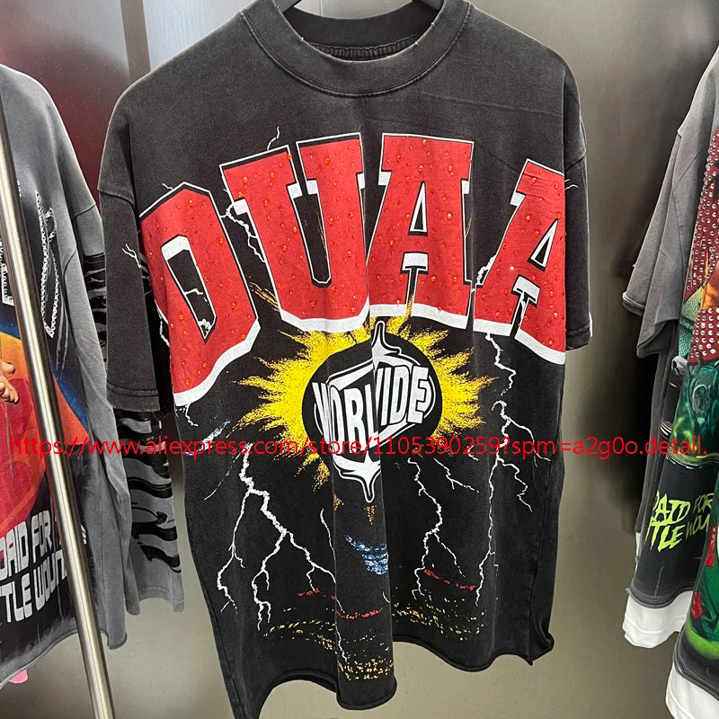 High Street Hip Hop DUAA Short Sleeved Oversize American Style Retro Washed Distressed Red Duaa T-shirt