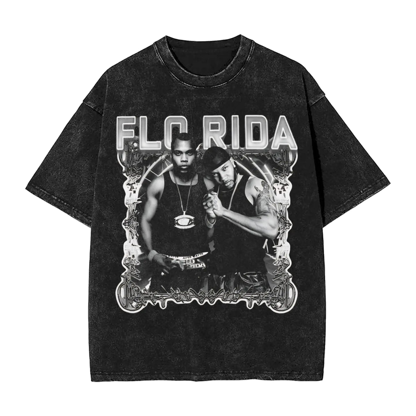 Flo Rida Hip Hop Rapper Outfit Washed T Shirt Men Women Streetwear Hip Hop T-Shirt Printed Tees Short Sleeve