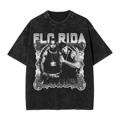 Flo Rida Hip Hop Rapper Outfit Washed T Shirt Men Women Streetwear Hip Hop T-Shirt Printed Tees Short Sleeve
