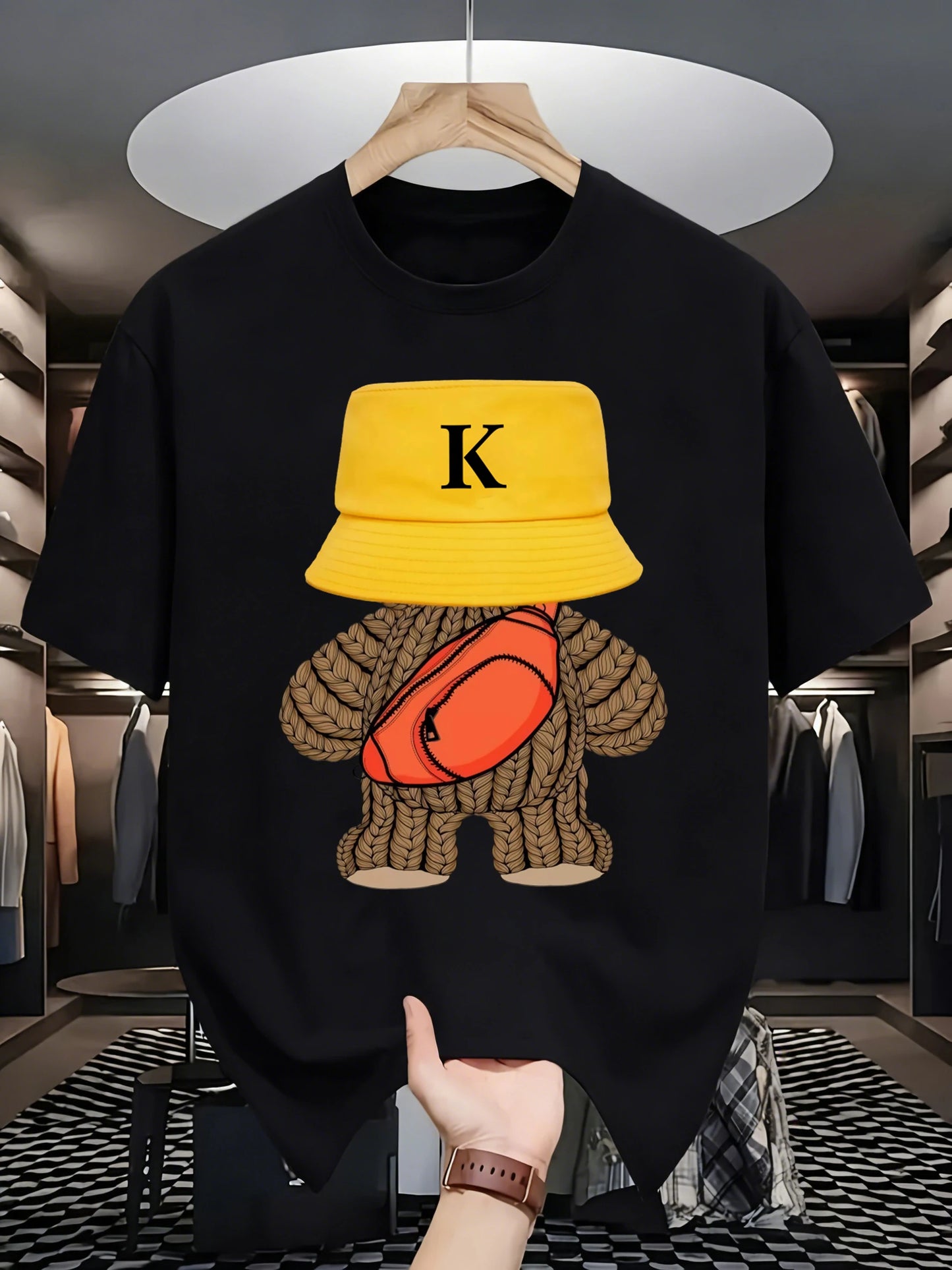 Hip-hop style sportswear, versatile bear-patterned sports T-shirt, round-neck breathable cotton casual wear