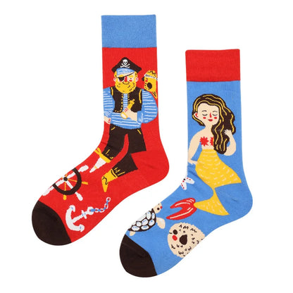 Hip-hop AB version asymmetric tide socks for men and women couples fashion trend popular jacquard cartoon long tube cotton socks