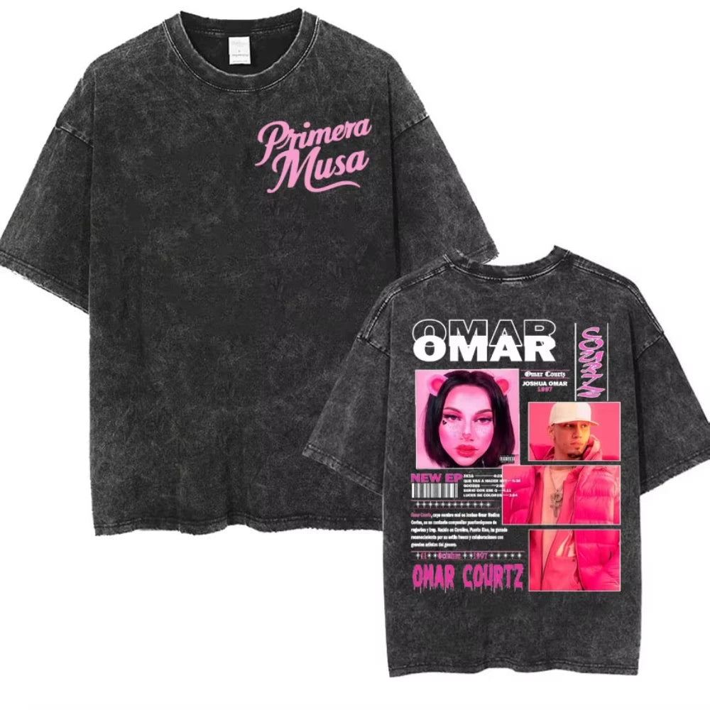 Rapper Omar Courtz Primera Musa World Tour T Shirts Men Women Fashion Gothic Hip Hop T-shirt Vintage Washed Short Sleeve T-shirt
