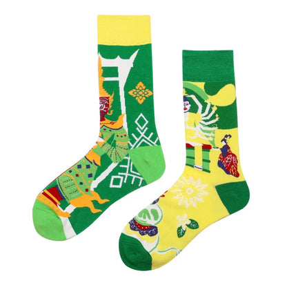 Hip-hop AB version asymmetric tide socks for men and women couples fashion trend popular jacquard cartoon long tube cotton socks