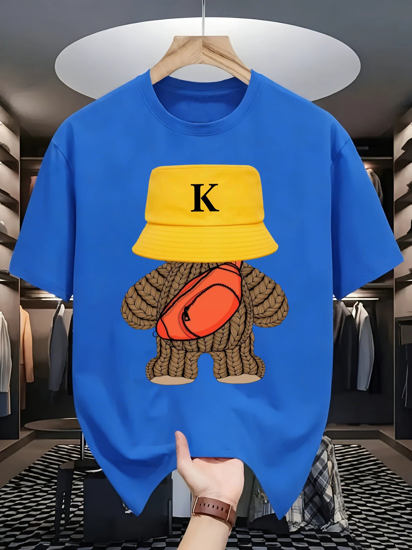 Hip-hop style sportswear, versatile bear-patterned sports T-shirt, round-neck breathable cotton casual wear
