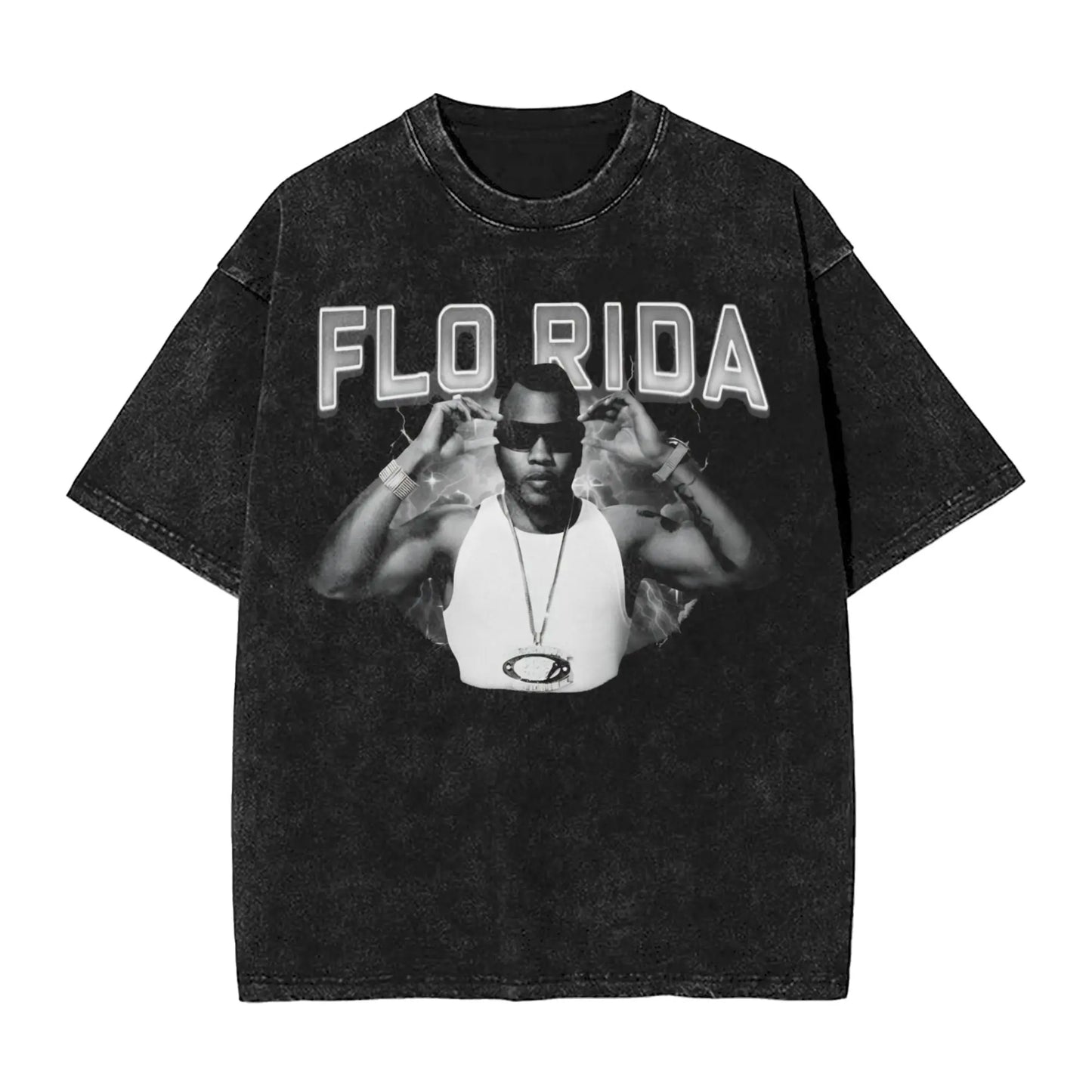 Flo Rida Hip Hop Rapper Outfit Washed T Shirt Men Women Streetwear Hip Hop T-Shirt Printed Tees Short Sleeve