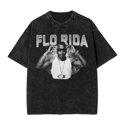 Flo Rida Hip Hop Rapper Outfit Washed T Shirt Men Women Streetwear Hip Hop T-Shirt Printed Tees Short Sleeve