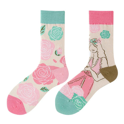 Hip-hop AB version asymmetric tide socks for men and women couples fashion trend popular jacquard cartoon long tube cotton socks