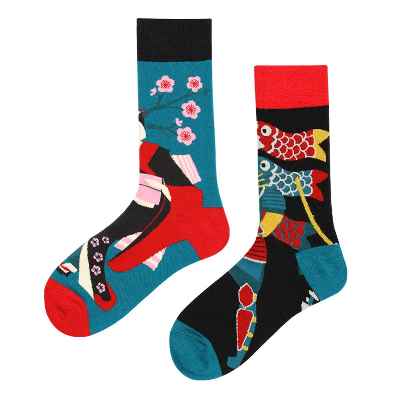 Hip-hop AB version asymmetric tide socks for men and women couples fashion trend popular jacquard cartoon long tube cotton socks