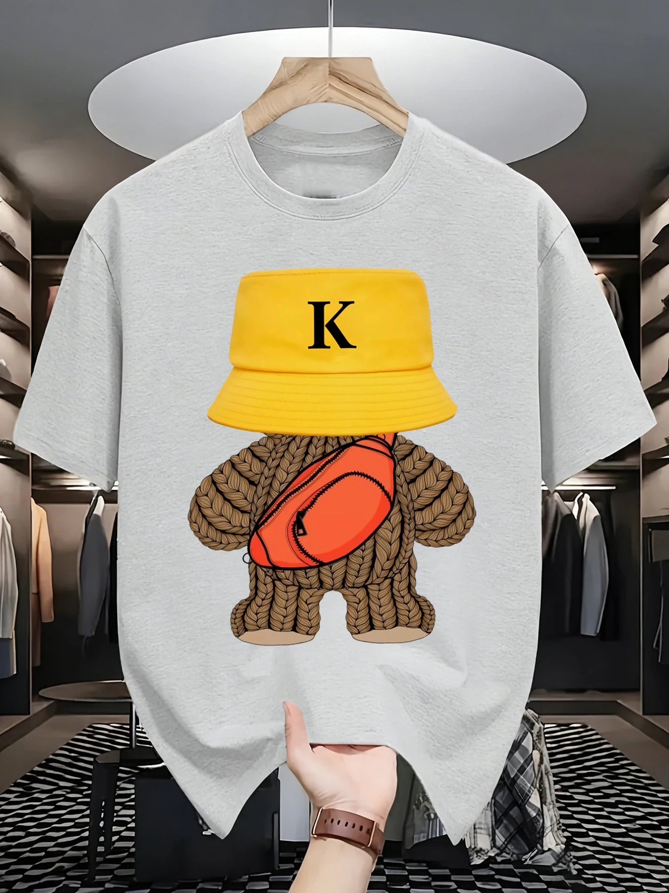 Hip-hop style sportswear, versatile bear-patterned sports T-shirt, round-neck breathable cotton casual wear