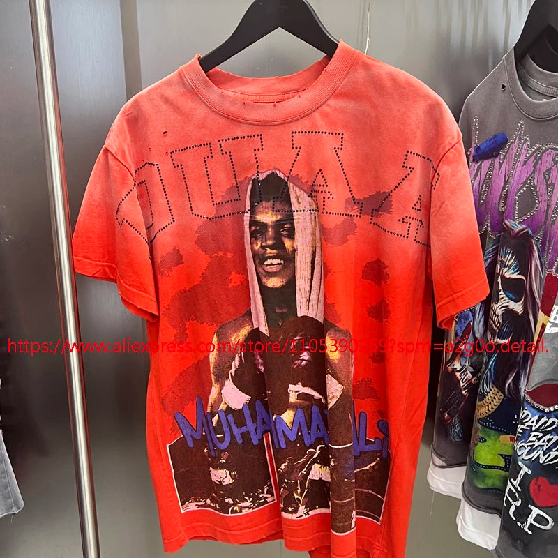 High Street Hip Hop DUAA Short Sleeved Oversize American Style Retro Washed Distressed Red Duaa T-shirt