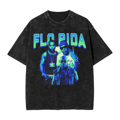 Flo Rida Hip Hop Rapper Outfit Washed T Shirt Men Women Streetwear Hip Hop T-Shirt Printed Tees Short Sleeve