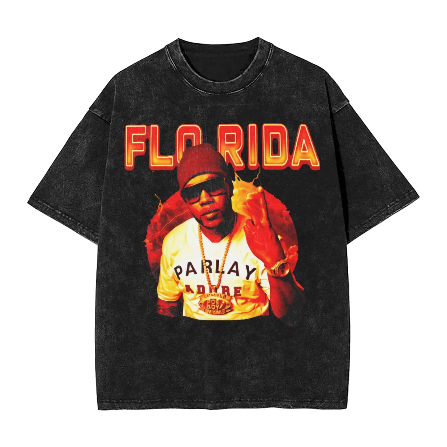 Flo Rida Hip Hop Rapper Outfit Washed T Shirt Men Women Streetwear Hip Hop T-Shirt Printed Tees Short Sleeve