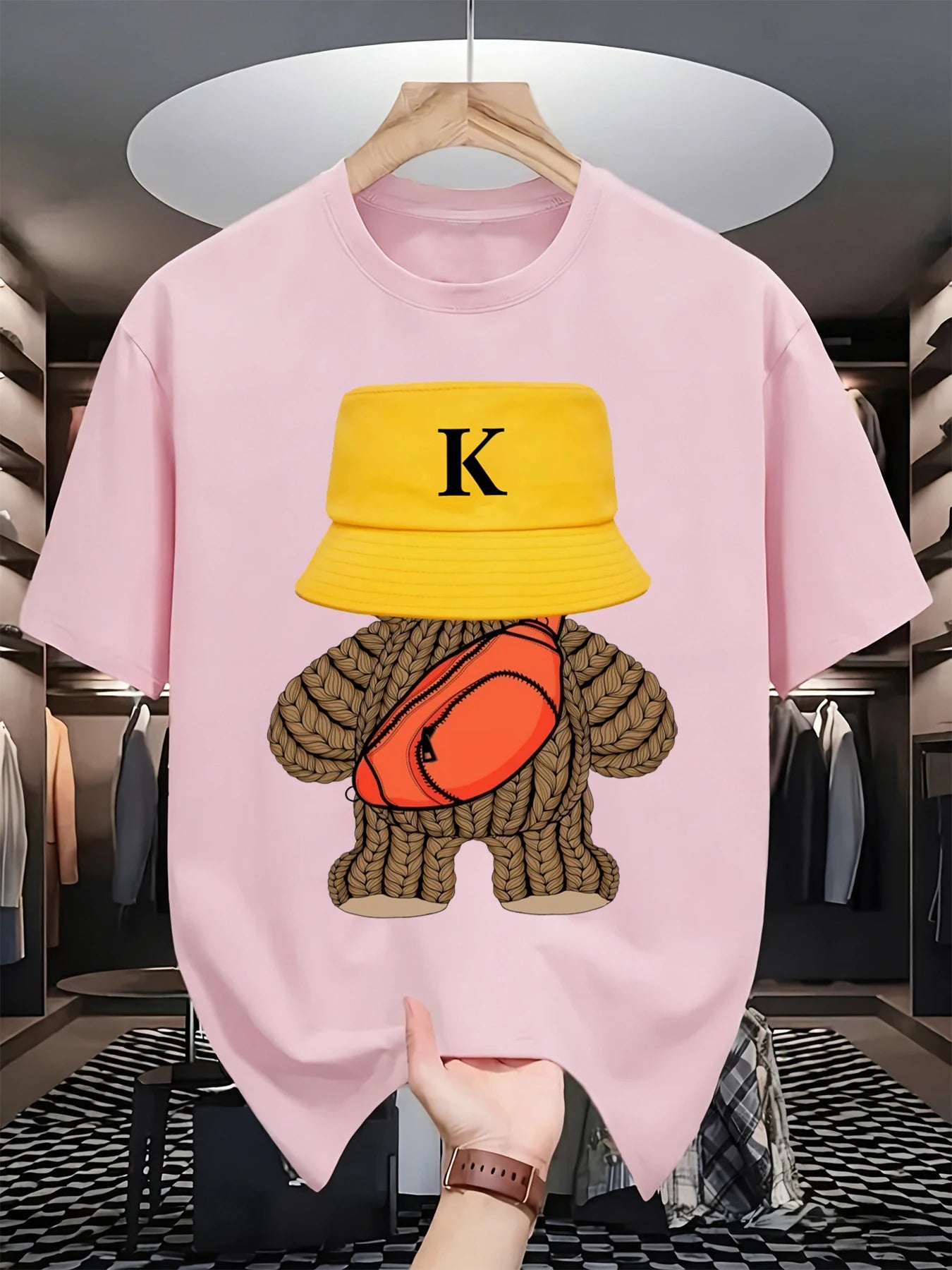 Hip-hop style sportswear, versatile bear-patterned sports T-shirt, round-neck breathable cotton casual wear