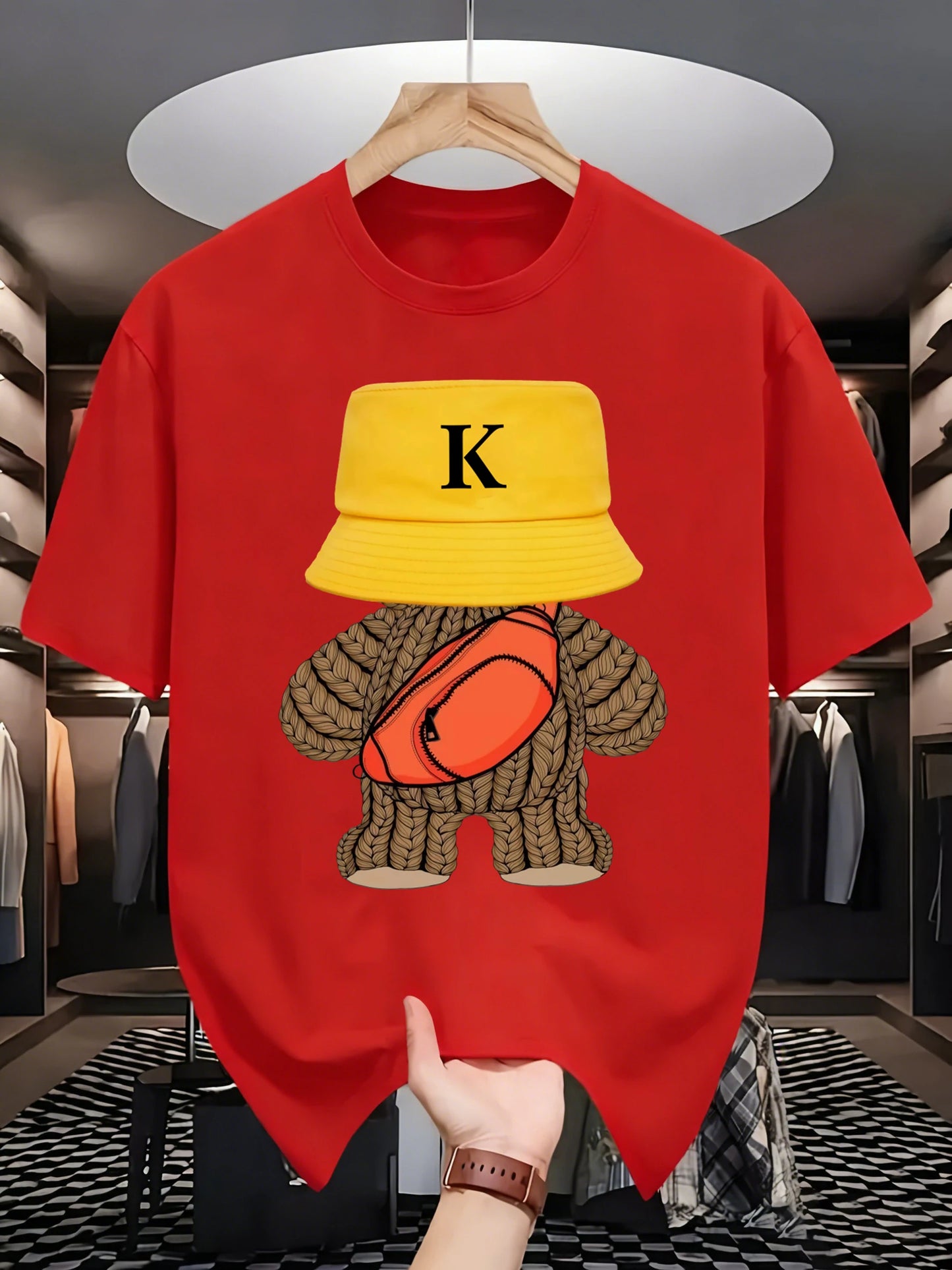 Hip-hop style sportswear, versatile bear-patterned sports T-shirt, round-neck breathable cotton casual wear