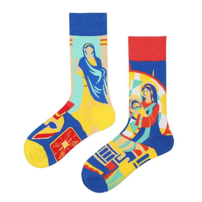 Hip-hop AB version asymmetric tide socks for men and women couples fashion trend popular jacquard cartoon long tube cotton socks