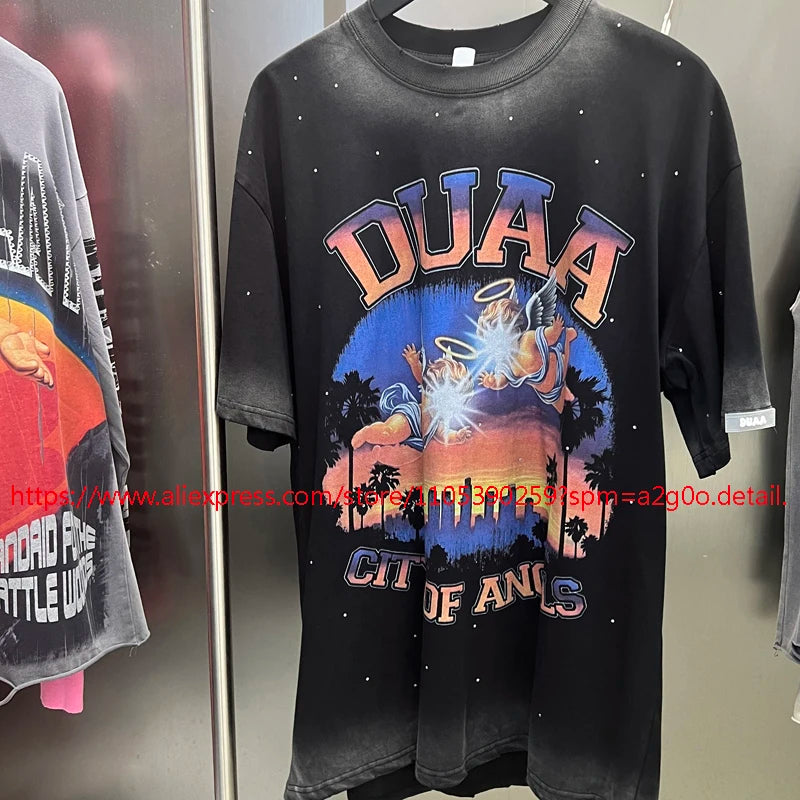 High Street Hip Hop DUAA Short Sleeved Oversize American Style Retro Washed Distressed Red Duaa T-shirt