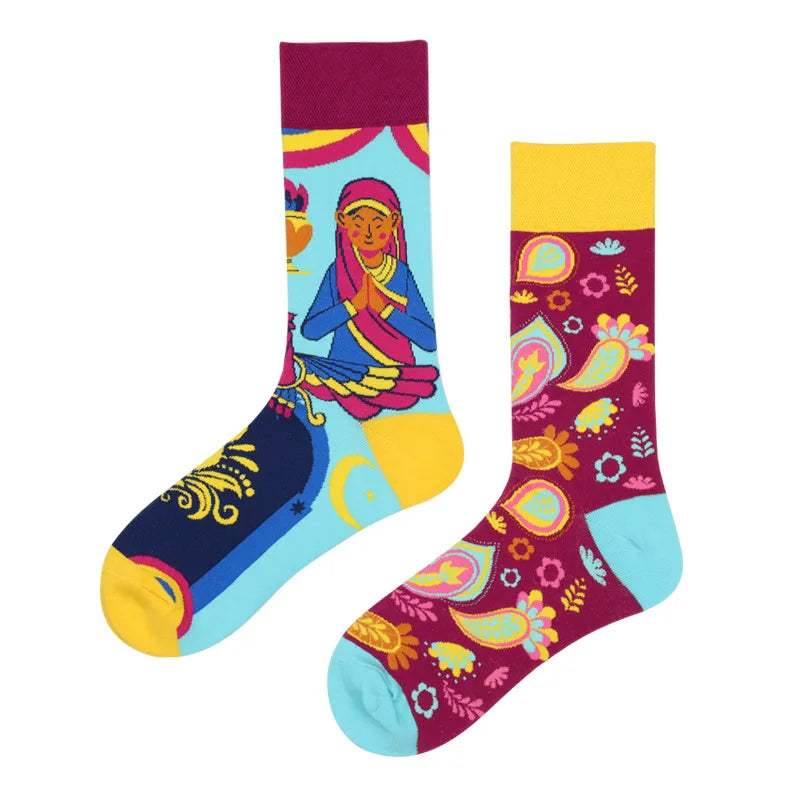 Hip-hop AB version asymmetric tide socks for men and women couples fashion trend popular jacquard cartoon long tube cotton socks