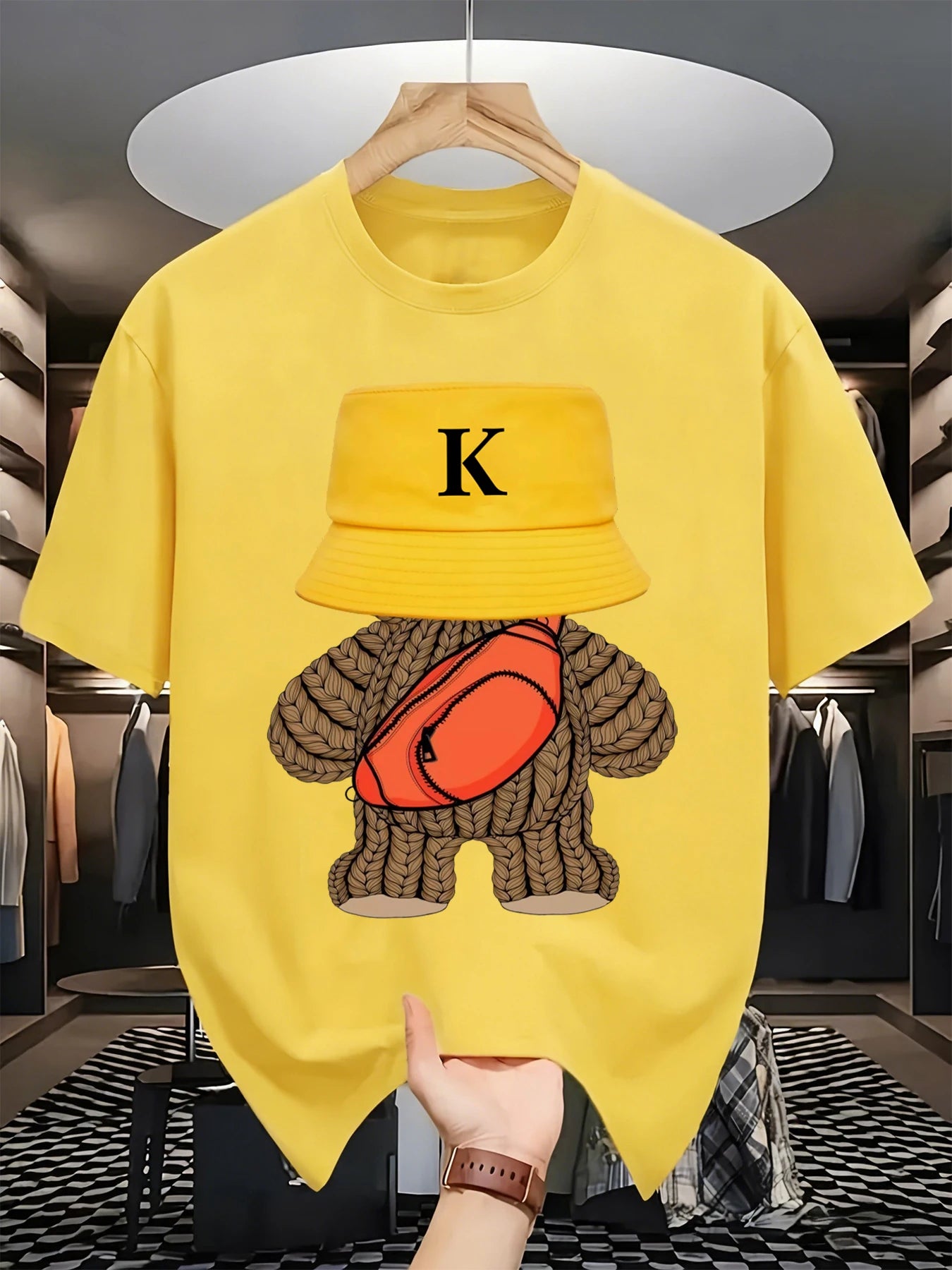 Hip-hop style sportswear, versatile bear-patterned sports T-shirt, round-neck breathable cotton casual wear