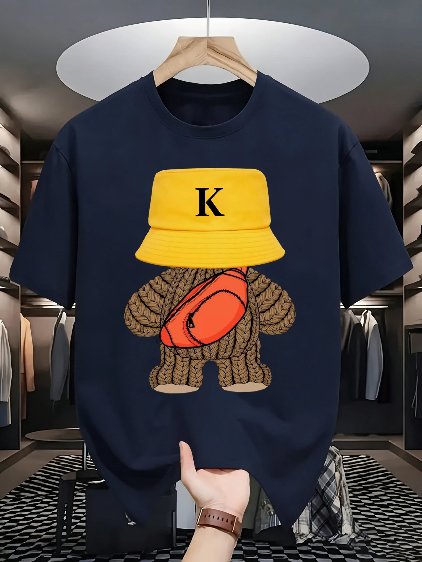 Hip-hop style sportswear, versatile bear-patterned sports T-shirt, round-neck breathable cotton casual wear