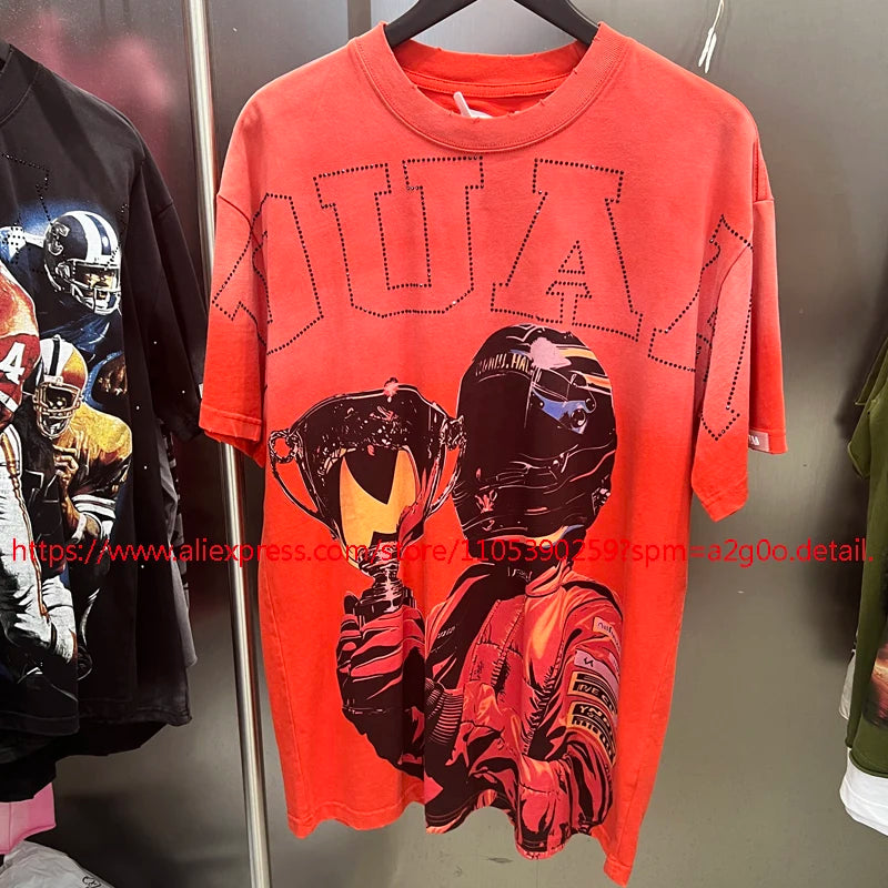 High Street Hip Hop DUAA Short Sleeved Oversize American Style Retro Washed Distressed Red Duaa T-shirt