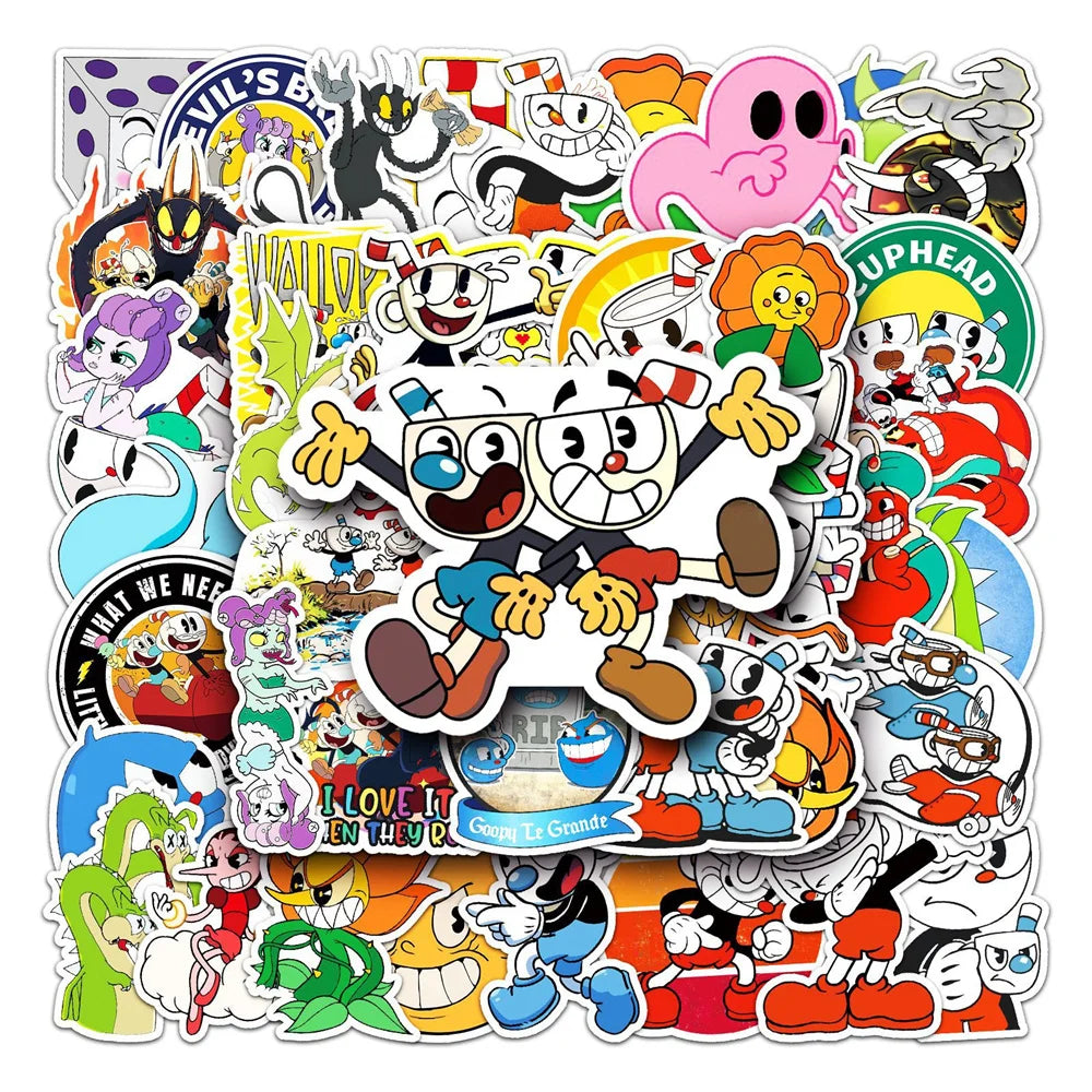 50pcs Game Cuphead Graffiti Stickers Toys Laptop iPad Skateboard Journal Gift Guitar Stickers