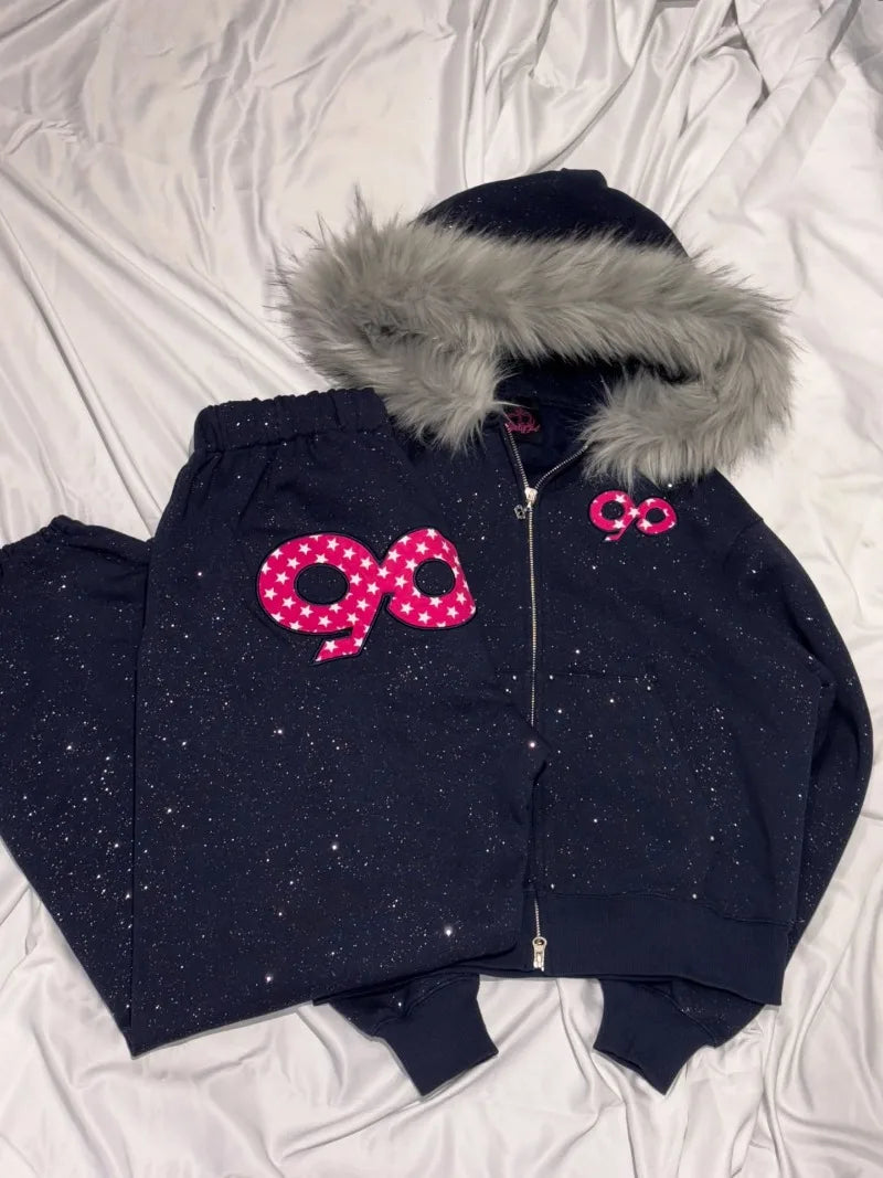 2026 American High Street Casual Women Suit Sequined Zipper Fur Collar Hoodie Hip-hop Street Fashion Brand Oversized Sweatpants