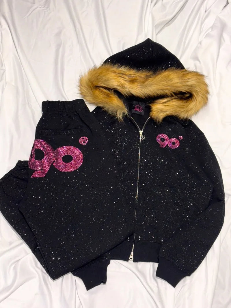 2026 American High Street Casual Women Suit Sequined Zipper Fur Collar Hoodie Hip-hop Street Fashion Brand Oversized Sweatpants