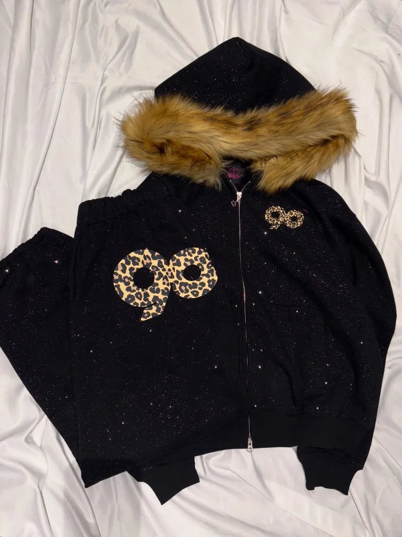 2026 American High Street Casual Women Suit Sequined Zipper Fur Collar Hoodie Hip-hop Street Fashion Brand Oversized Sweatpants