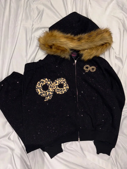 2026 American High Street Casual Women Suit Sequined Zipper Fur Collar Hoodie Hip-hop Street Fashion Brand Oversized Sweatpants