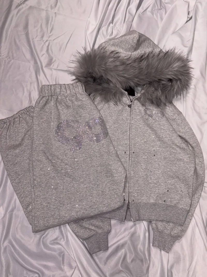 2026 American High Street Casual Women Suit Sequined Zipper Fur Collar Hoodie Hip-hop Street Fashion Brand Oversized Sweatpants