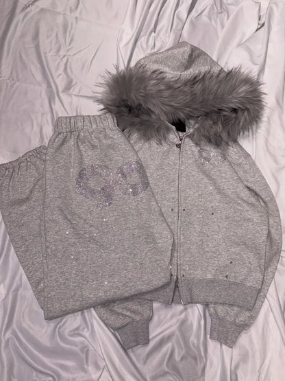 2026 American High Street Casual Women Suit Sequined Zipper Fur Collar Hoodie Hip-hop Street Fashion Brand Oversized Sweatpants