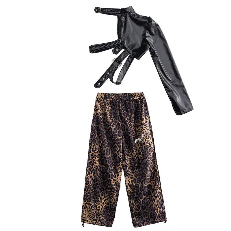 Kid Hip Hop Clothing T Shirt Crop Top Wine Red Arm Sleeve Faux Leather Casual Cargo Pants for Girl Jazz Dance Costumes Clothes