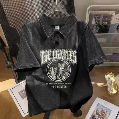 Hip Hop Graphics Print Short Sleeved T-shirt For Men Vintage Polo Collar Wash Tee Tops Summer Trendy Loose Tshirts Streetwear