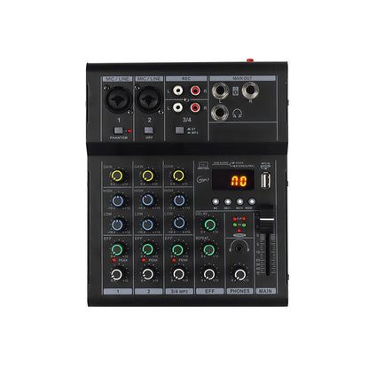 Professional 4 channel Audio mixer DJ karaoke Mixing Console With USB Interface Sound Card BT 48V for Karaoke Party PC Recording