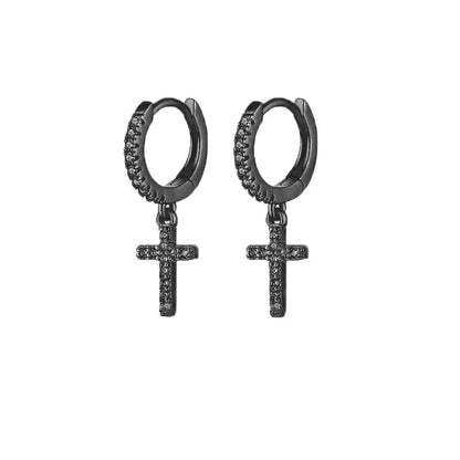 Hiphop Small Cross Pendant Earrings For Women Men Black Gold Silver Color Tiny White Zircon Ear Buckle Hoops Punk Party Jewelry