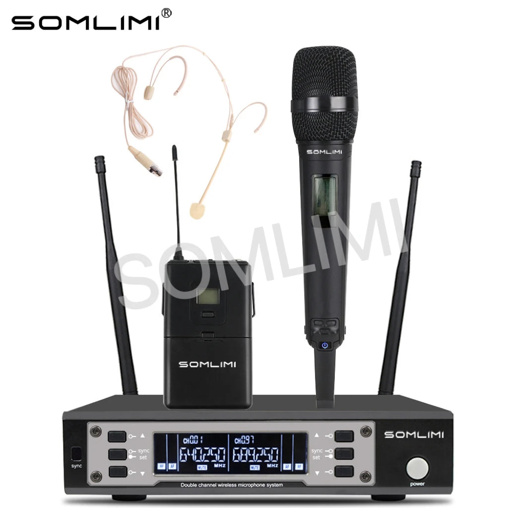 SOMLIMI 135G4 UHF Dual Channels Profession Wireless Microphone System Stage Performance Dynamic Long Distance Metal Handheld