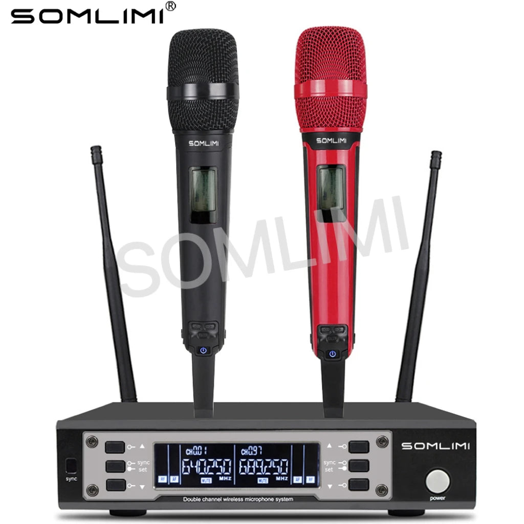 SOMLIMI 135G4 UHF Dual Channels Profession Wireless Microphone System Stage Performance Dynamic Long Distance Metal Handheld