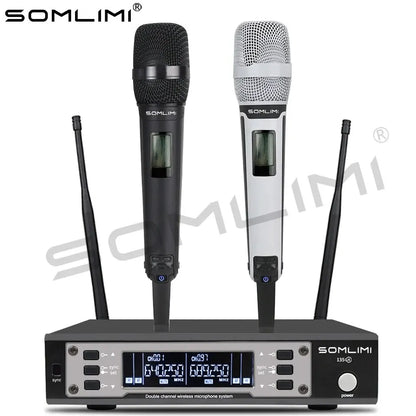 SOMLIMI 135G4 UHF Dual Channels Profession Wireless Microphone System Stage Performance Dynamic Long Distance Metal Handheld