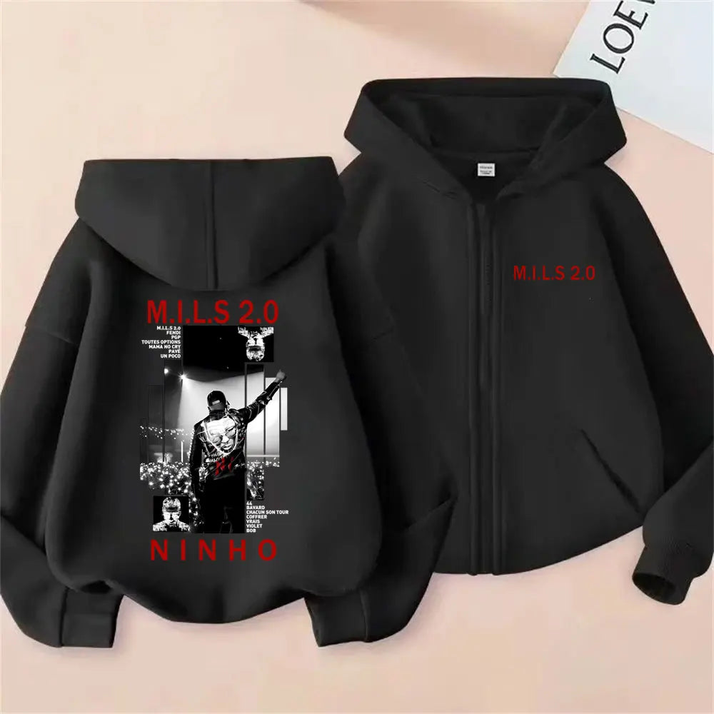 Rapper Ninho MILS 2.0 Album Graphic Zipper Hoodie Men Women Hip Hop Fashion Pop Music Hoodies Men's Vintage Casual Zip Up Jacket