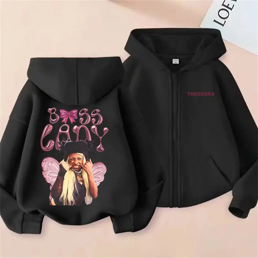 Rapper Theodora MEGA BBL Album Graphic Zipper Hoodie Men Women Hip Hop Fashion Zip Up Jacket Unisex Oversized Zip Up Sweatshirt