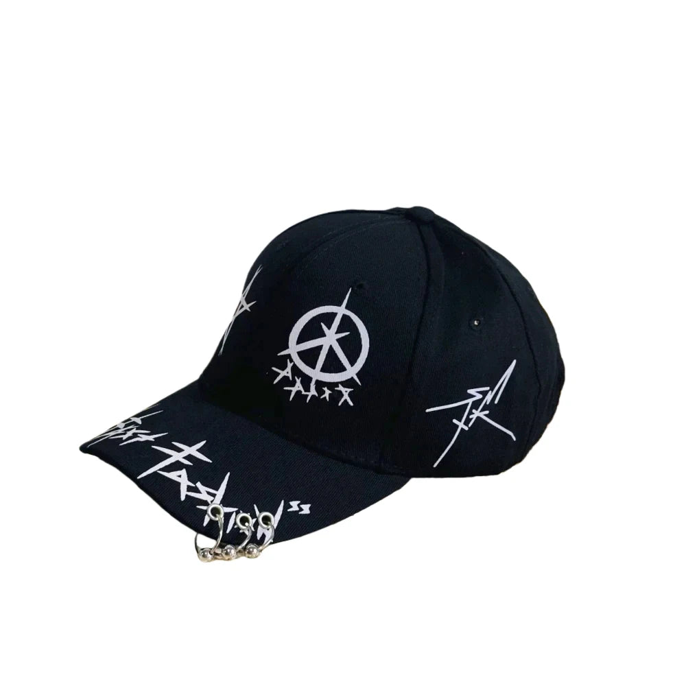 Hip-Hop Baseball Cap Unisex Black White Graffiti Peaked Hat with Iron Ring Street Style
