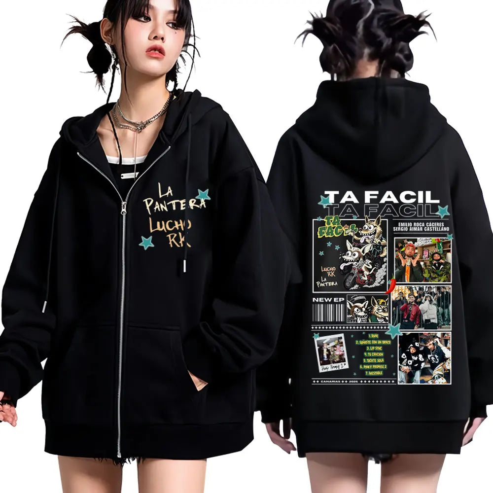 Rapper La Panter Lucho Rk Ta Facil Album 2025 Tour Fashion Print Zipper Hoodie Men Harajuku Hip-hop Oversized Zip Up Tracksuit