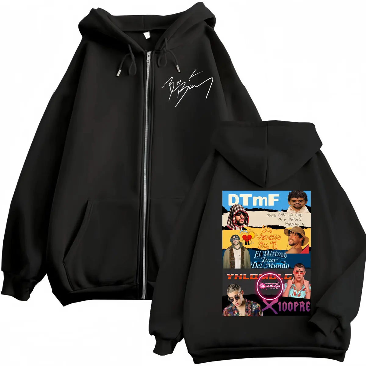 Rapper Bad Bunny Album Poster Graphic Zipper Hoodies Fashion Hip Hop Zip Up Hooded Sweatshirts Men Women Casual Loose Pullovers