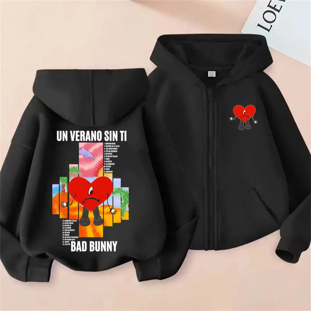 Rapper Bad Bunny Un Verano Sin Ti Album Graphic Zipper Hoodie Men Women Hip Hop Fashion Oversized Zip Up Jacket Coat Sweatshirt
