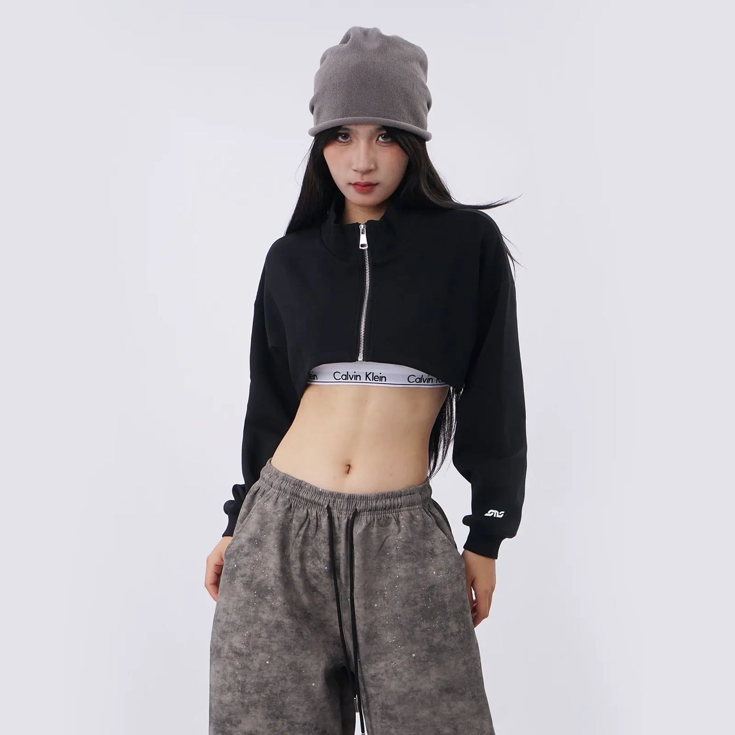 High Waist Loose Fit Ultra-Short Jazz Street Dance Sweatshirt Women's Style Navel Hip Hop Sexy Zipper Cover up Jacket